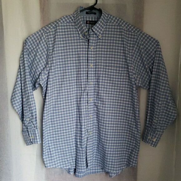 Chaps Mens Shirt Size L 16.5 Long Sleeve Button Up Blue Plaid Regular Fit Oxford - Picture 1 of 12